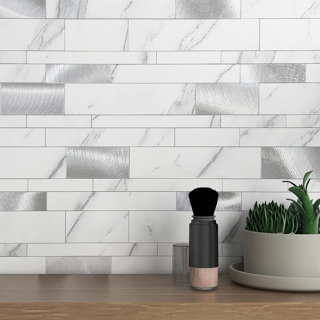 VAOVI Backsplash Tile Peel and Stick Kitchen Stone Subway Linear Mosaic Bathroom Shower Wall Waterproof(10pcs,White Stone)