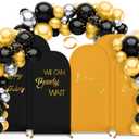 Double Color Wedding Arch Cover Set of 3 7.2ft 6.6ft 6ft Spandex Fitted Arch Stand Covers with Balloons Party Sign Round Top Backdrop Cover for Wedding Birthday Party Bridal Baby Shower (Black+Gold)