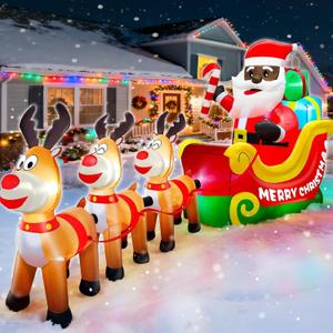 12 Ft Long Christmas Inflatable Black Santa Rides in a Sleigh Pulled by Three Reindeer with Gift Box, African American Christmas Decorations Built-in LED Lights Blow up Xmas Decor for Yard Lawn Garden