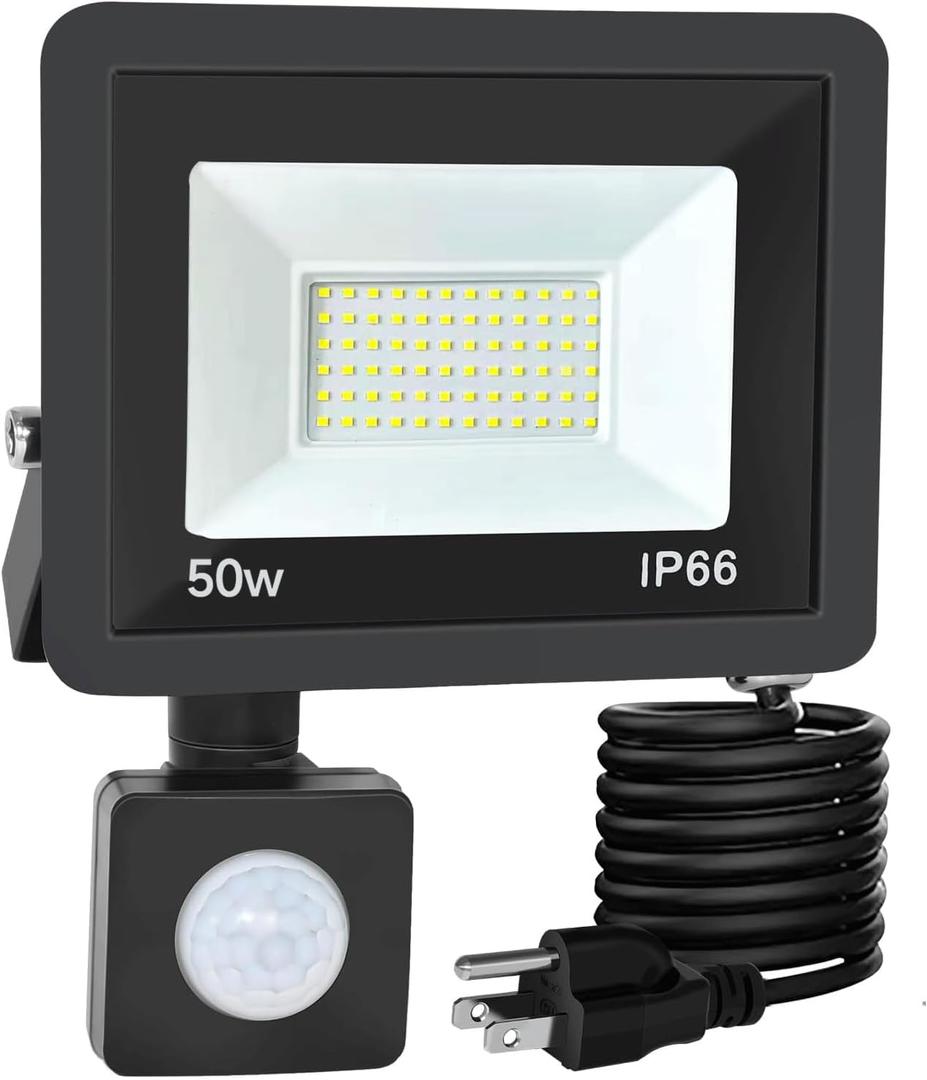 50W Motion Sensor Light, 4500LM Ultra Bright Security Light, IP66 Waterproof Outdoor Indoor, Photocell Auto On/Off, Plug in for Yard Garage Porch