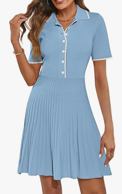 MEROKEETY Women's Summer Ribbed Knit Midi Dresses Short Sleeve V Neck Button A Line Swing Sweater Dress, Sky Blue, Large