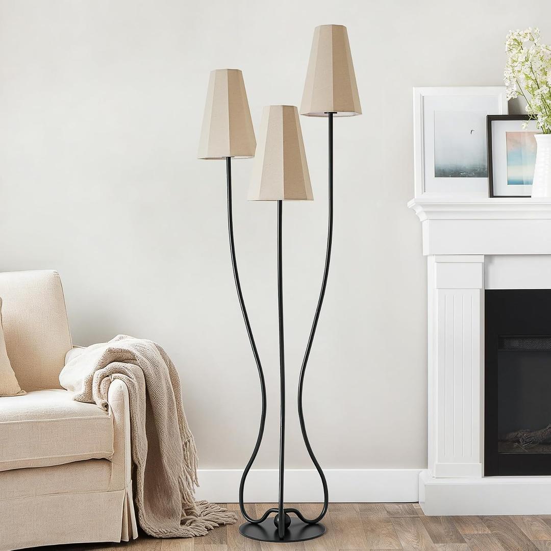 ZenGlimmer Artistic Vintage Floor Lamp, 3-Light Standing Lamps with Sculptural Curved Iron Base & Octagonal Linen Shades, Statement Lighting for Living Room, Bedroom, Studio
