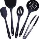 GreenPan 5 Piece Cooking Utensil Set, Flexible Nonstick Silicone, Stain-Free, Tongs, Turner, Spatula, Skimmer, and Slotted Spoon, Black