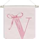 initial Personalized Preppy Canvas Hanging Pennant Flag Banner, Coquette Pink Bow Teen Girl Gifts,Trendy Cute Monogrammed Gifts Wall Decor for Women Teen Girl Nursery Bedroom(V)