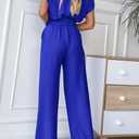 PRETTYGARDEN Women's One Piece Jumpsuits Dressy Casual Summer Short Sleeve Wrap V Neck Wide Leg Pants Romper Spring Clothes (Blue, M)