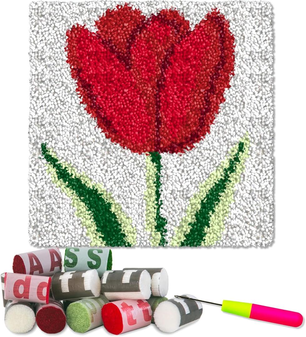 YP Rose Latch Hook Rug Kit for Beginners & Adults - 12x12 Inch DIY Needlework Crochet Rug with Soft Pre-Cut Yarn, Easy-to-Follow Pattern, Perfect for Home Decoration or Gift-Making