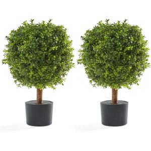 Set of 2 Topiary Boxwood Trees  24 High Pre-Potted Faux Trees - Plant Decor for Front Porch Home Office - Artificial Topiary Ball Plants for Indoor Outdoor