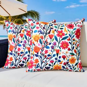 Outdoor Pillow Covers 20x20 Inch Set of 2, Red Floral Printed Boho Throw Pillows Cases Waterproof Square Garden Cushion Sham for Spring Summer Patio Furniture Tent Balcony Bench Sofa Couch