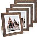 6x6 Picture Frame Set of 4, 6 x 6 Wood Photo Frames with Mat for 4x4, Wooden Frame with Real Glass Cover for Wall and Tabletop Display, Rustic Brown