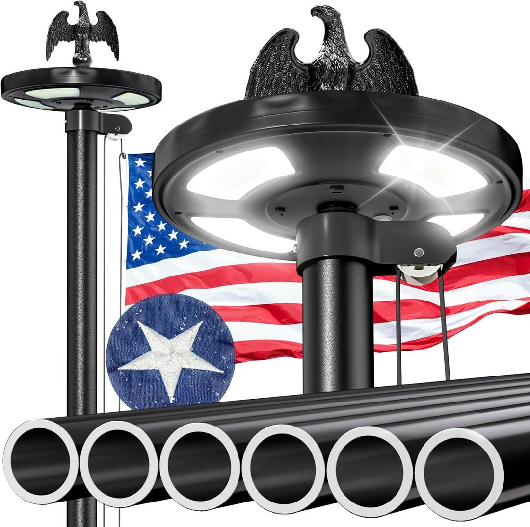 25FT Heavy Duty Flag Pole for Outside House, 100MPH Wind Rated 12 Gauge Extra Thick Aluminum Flagpole Kit, Black Eagle Topper & Solar Light, All-Weather Yard Display with Ground Sleeve, 3x5 USA Flag (Black, 25 FT with Light)