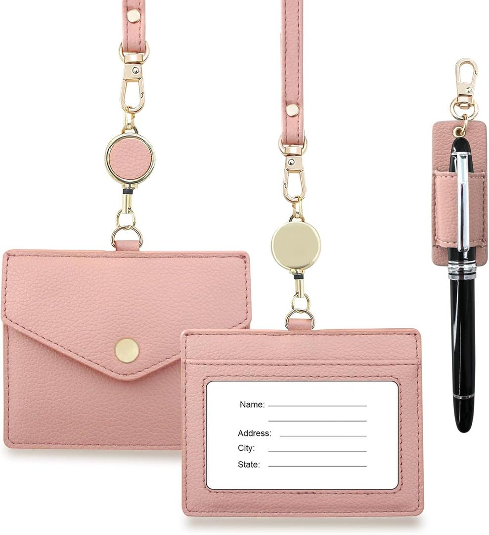 Office Badge Holder - Boshiho Genuine Leather Credit ID Card Holder with Stretch Neck Lanyard and Pen Clip, Gift Box (Horizontal-Pink)