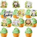 45 Pcs Safari Baby Shower Cupcake Toppers Jungle Animals Oh Baby Party Decorations Safari Theme Cupcakes Toppers for Boys Kids Nursery Wild Party Supplies (Safari Cupcake Toppers Green)