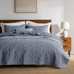 WDCOZY Blue Grey 100% Cotton Quilt Bedding Sets Queen Size with 2 Pillow Shams, Shabby Chic Rustic Textured Gauze Lightweight Country Soft Bedspread Coverlet for All Season, 3 Pieces, 90x96 inches