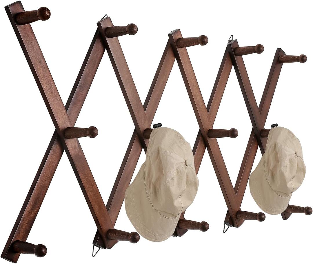 16 inch High Accordion Wall Hanger with 14 Hooks, Wooden Wall Expandable Coat Rack for Coat, Hats, Baseball Caps, Coffee Mug, Jewelry (Brown)