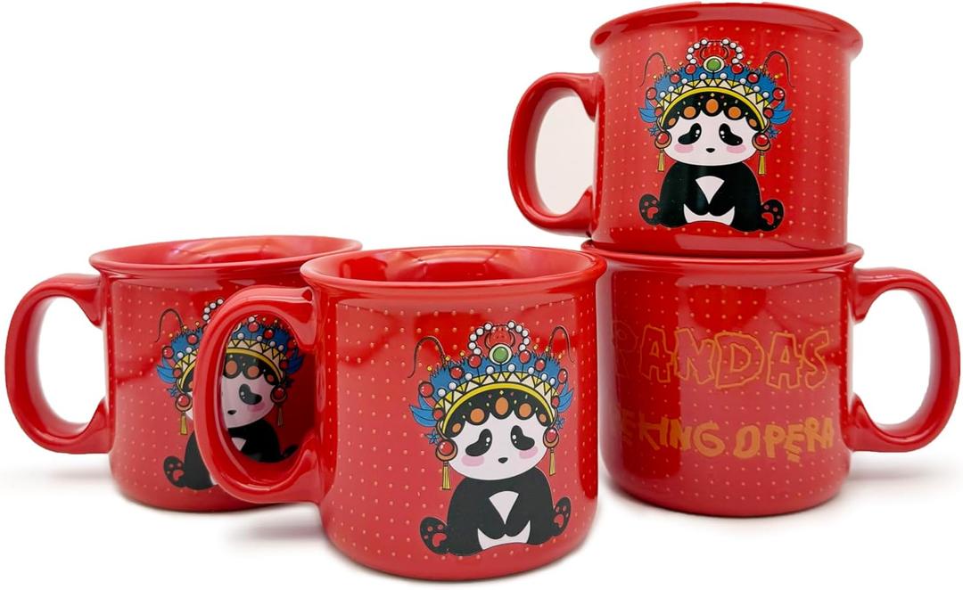 Ceramic Coffee Mugs Set of 4, 14 oz Coffee Cups with Handle, Cute Unique Panda Pattern Coffee Mugs For Hot Chocolate Tea, Microwave & Dishwasher Safe Cappuccino Latte Americano Mugs (RED)