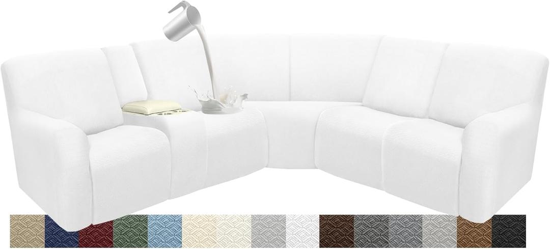 Waterproof Reclining Sectional Couch Covers Washable L Shaped Couch Cover for Sectionals Recliner Sofa Covers Stretch Corner Recliner Slipcovers for Dogs (5 Seater 1 Console Cover, White)