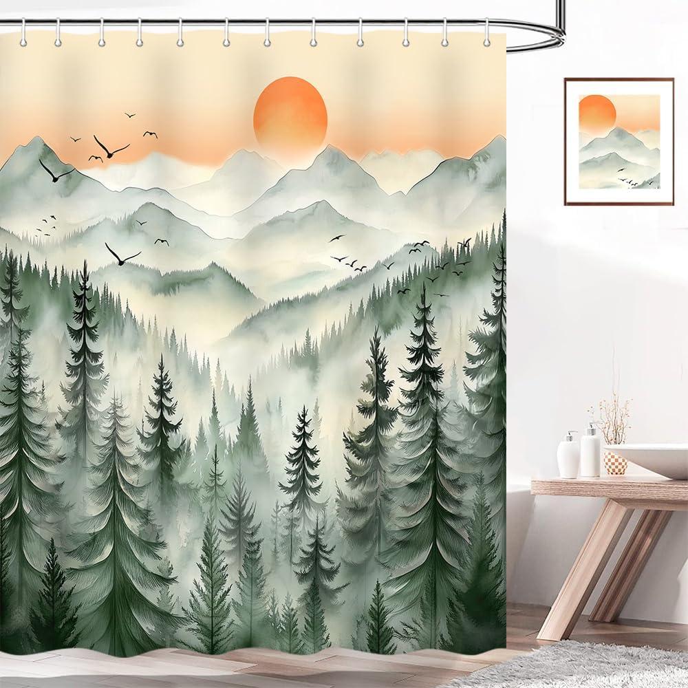 Green Misty Forest Shower Curtain for Bathroom, Nature Woodland Pine Tree Fog Setting Sun Decorative Bath Curtain, Waterproof Fabric Shower Curtain Set with 12Hooks 36X70IN (70X70)