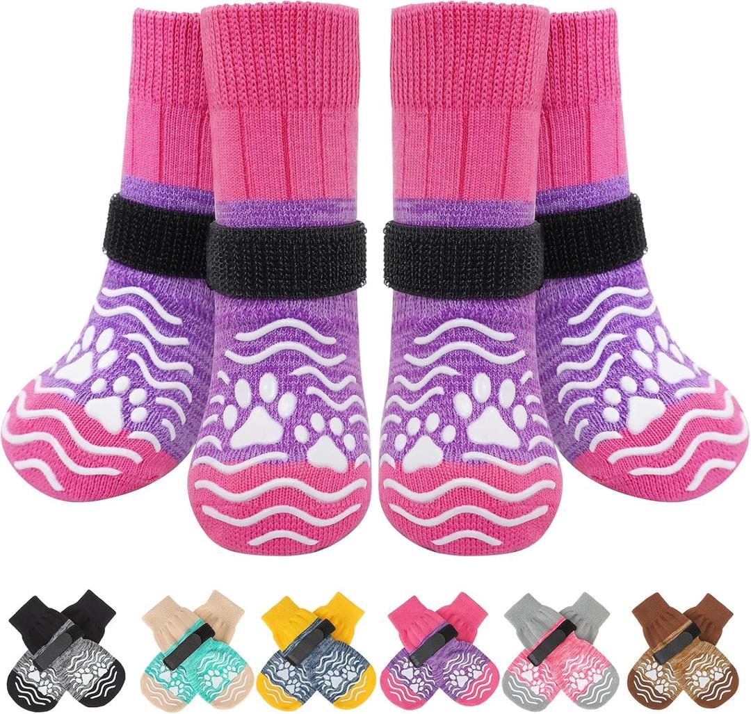 PUPTECK Anti Slip Dog Socks, Shoes with Grippers to Prevent Licking Hardwood Floors Traction, Rubber Boots & Paw Protectors for Small Dogs Cold/Hot Pavement, Senior Dogs Booties Purple, Small