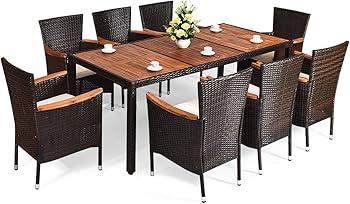 9PCS Patio Rattan Dining Set 8 Stackable Chairs Cushioned Acacia Wood Table Top