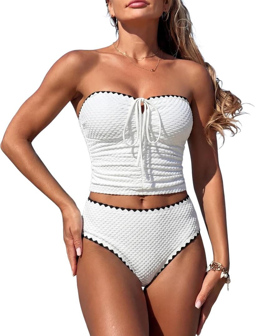 ZAFUL Women's Bandeau Tankini Swimsuit Asymmetrical Slit Bowknot String High Cut Fairyland Cheeky Bathing Suit (White, M)