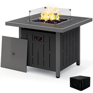 SERWALL 33" Outdoor Fire Pit Table, 50,000 BTU Square Propane Fire Pit Table with Lid, Glass Rock & Glass Wind Guard, HDPE Outdoor Furniture for Patio, Garden, Backyard, Black