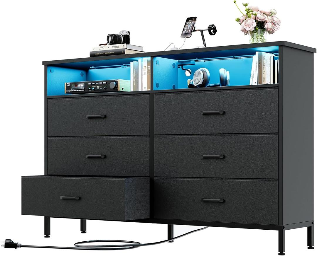 Black Dresser for Bedroom, 6 Drawer Dresser, Fabric Vertical Storage Tower with Fabric Bins with Open Shelves LED Light and Charging Station, Chest of Drawers for Closet Chests Organizer, Living Room