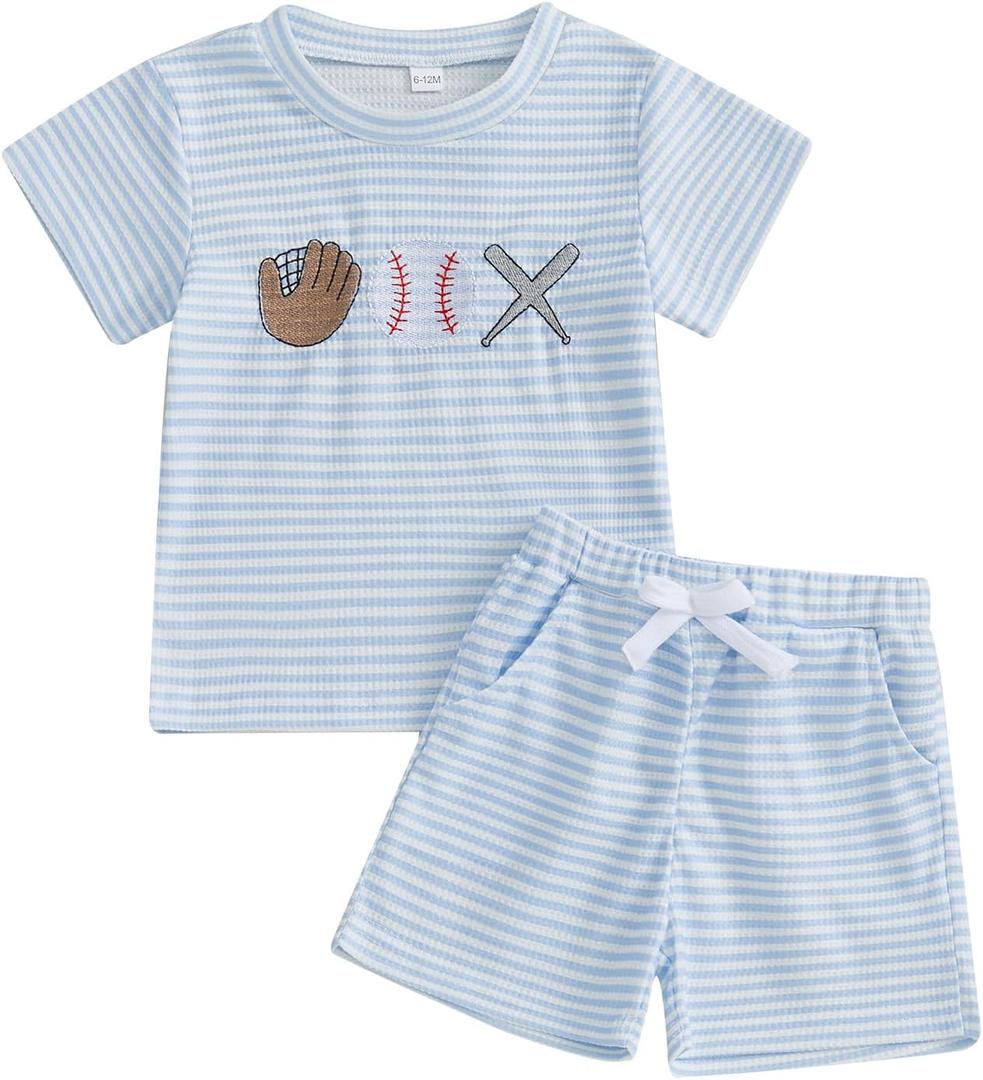 Baseball Toddler Baby Boy Girl Clothes Striped Short Sleeve T-shirt Tops Elastic Waist Shorts Set 2Pcs Summer Outfit (Blue, 2-3T)