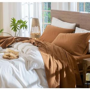 MooMee Bedding Sheet Set 100% Washed Cotton Linen Like Textured Breathable Durable Soft Comfy (Solid Dark Orange, Queen) Solid Dark Orange