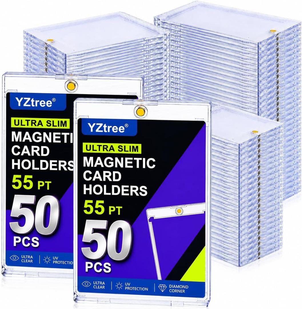 [50 Pack 55pt Magnetic Card Cases: 50 pt One Touch Card Holder for Trading Cards, U-V Protection Magnetic Card Holder for Sports Game Cards, Football, Baseball - Ultra Slim