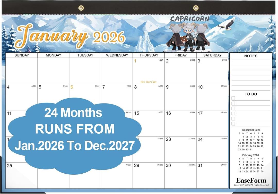 2 x 24 Month Desk Calendar 2026-2027, Runs from January 2026 to December 2027, Large 17"x12" Desktop/Wall Monthly Calendar, 2 Year Academic Calendar with Note & To Do for Home, School or office
