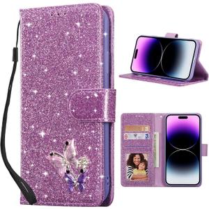 UEEBAI Wallet Case for iPhone 16 Pro, Glitter PU Leather Phone Cover Card Slots Kickstand Wallet Magnetic Closure Bling Flip Case Shockproof Hand Strap Flip Cover - Glitter Purple