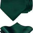 TIE G Solid Satin Woven dyed Color Formal Black Necktie and Pocket Square Sets in Gift Box (Green)
