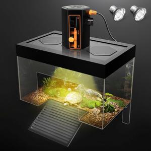Turtle Basking Platform with Light,11.8*7.8*7.8inch Land Elevated Topper Decor,Red Eared Slider Hanging Habitat Enclosure Cage,Cuckold Tank with Lid,House for Semi Aquatic Baby Terrapin  With Light, Large