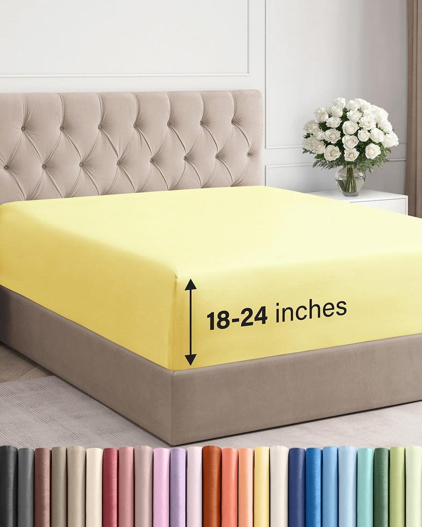 Extra Deep Queen Fitted Sheet - Hotel Luxury Single Fitted Sheet Only - Easily Fits 18 inch to 24 inch Mattress - Ultra Soft, Wrinkle Free w/Extra Deep Pocket - Easy-Care, Breathable & Comfy - Yellow