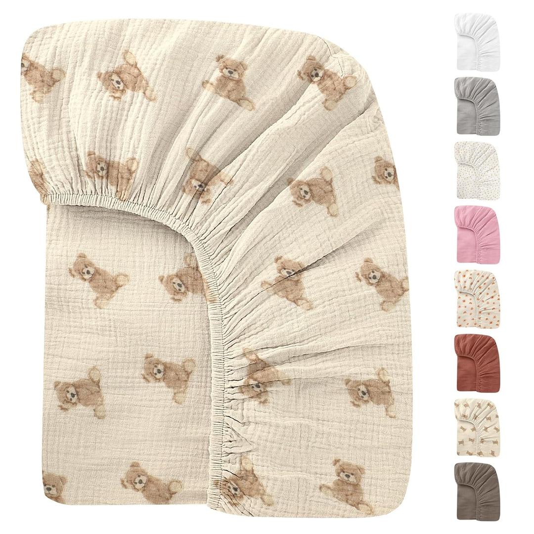 52x28 Inches Muslin Crib Sheets Fitted Crib Mattress Sheet for Baby Girls & Boys, 100% Cotton, Soft Boho Neutral Toddler Bedding Bed Sheets Fits Well Standard Size Crib Mattress 28x52 Inches (E - Teddy Bear)