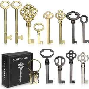 Skeleton Key, 12-Key Universal Hollow Barrel Skeleton Keys Kit for Antique Dresser, Chinese Cabinet, Antique Furniture and Old Style Cabinets or Doors, Select Antique Furniture Limited Compatibility (1.5-3.1inchs, Gold/Black)
