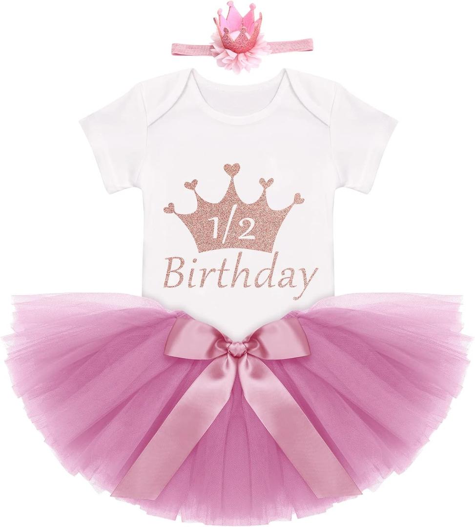 IDOPIP Birthday Outfit Girls Baby Strawberry Heart One Romper + Ruffle Tulle Skirt + Sequins Crown Headband 3PCS Clothes Set (3-6 Months, Dusty Pink 1/2 Birthday)