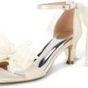 Coutgo Womens Bow Kitten Heels Sandals Square Open Toe Ankle Strap Satin Ribbon Wedding Dress Shoes (8.5, Champagne)