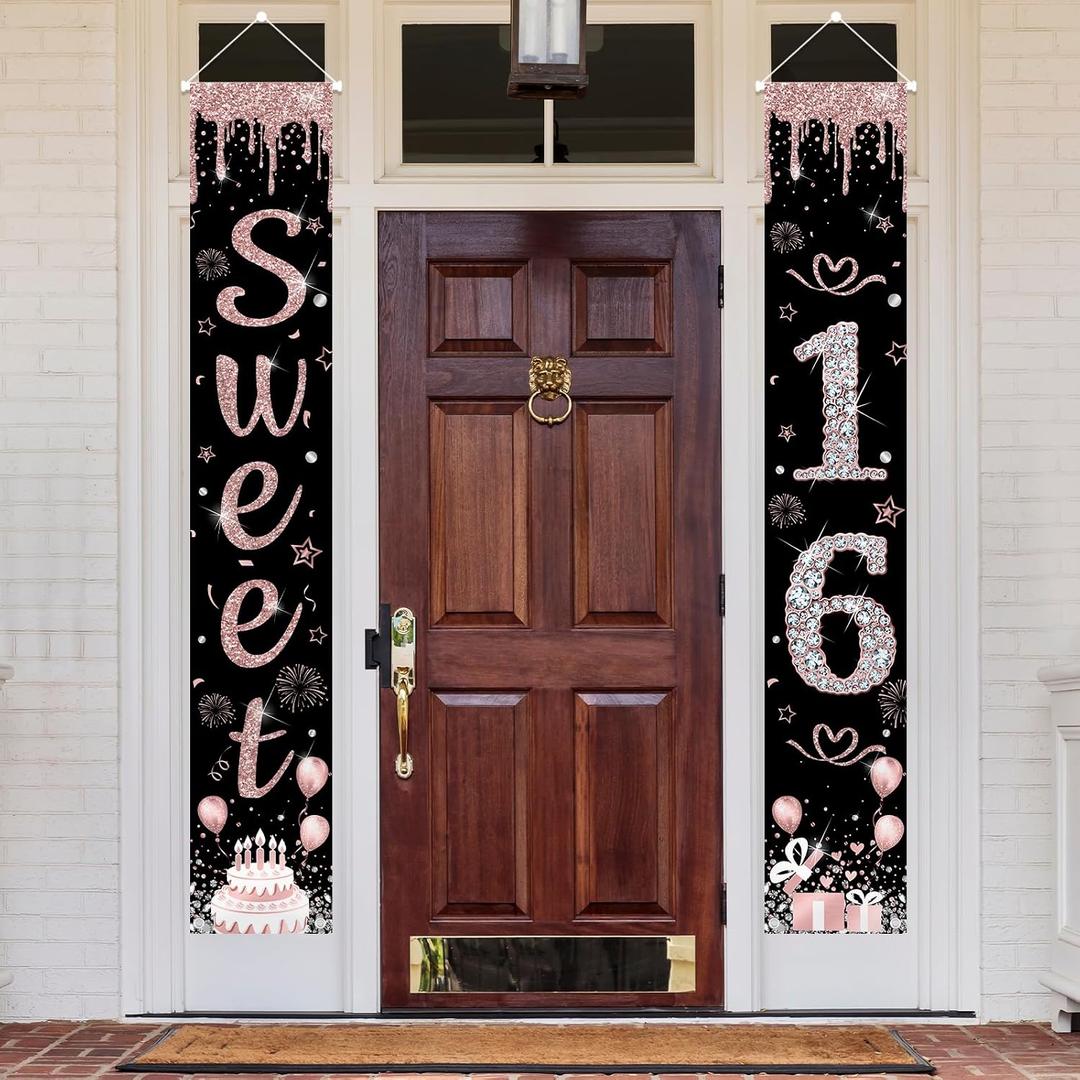 MEHOFOND Sweet 16 Porch Banner Birthday Welcome Door Banner for Girls Rose Gold Happy 16th Birthday Indoor Outdoor Decor Girl Sweet Party Supplies