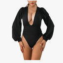 Women Jumpsuits Long Sleeve V Neck Pleated Loose Bodysuits Tops For Women Leotard Shirts, M