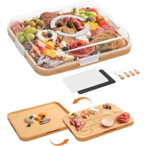 Charcuterie Board with Clear Lid, 2-in-1 Bamboo Cheese & Cutting Board for Kitchen with Single Storage, Covered Snack Serving Tray, Includes 2 Plastic Cutting Mats & 4 Cheese Knives, Hostess Gifts
