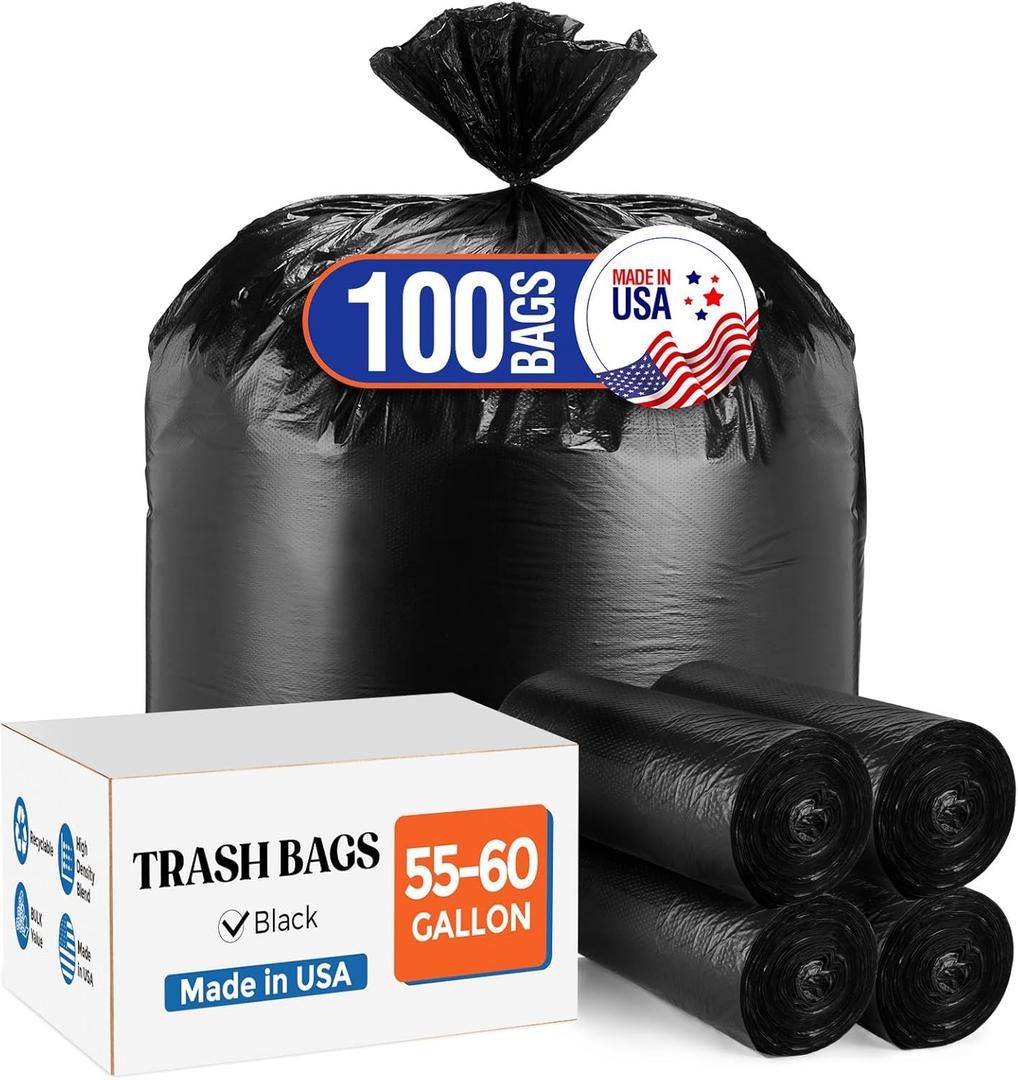 Delxo 55-60 Gallon Black Trash Bags, 100 Count  0.9 Mil Medium Duty Garbage Bags, Thick, Durable & Puncture-Resistant Plastic, Perforated Design  Made in USA for Kitchen, Yard, Office & Party