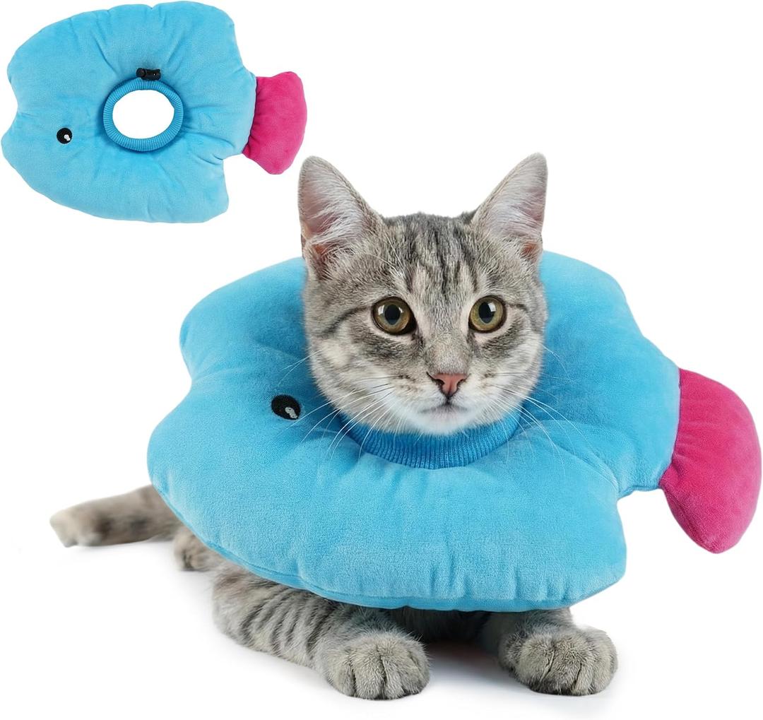 PUMYPOREITY Soft Fish Shaped Cat Cone Collar, Adjustable Padded Elizabethan Collar for Kittens, Anti-Lick Protective Neck Cone for Post-Surgery Wound Recovery, L, Blue