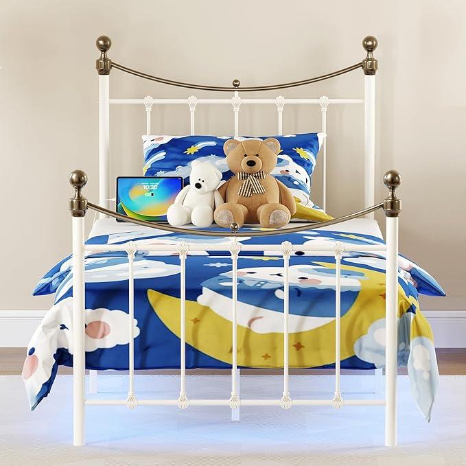 Twin Size Bed Frame with Charging Station and LED Lights High Headboard Platform Bed with Metal Slats No Box Spring Needed