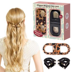 Magnetic Hair Clips 2-Pack | Hair Clips for Styling & Thick Hair | Claw Clips & Barrettes for Women | Strong Hold Non-Slip No-Crease Hair BarrettesLeopard Print + Black