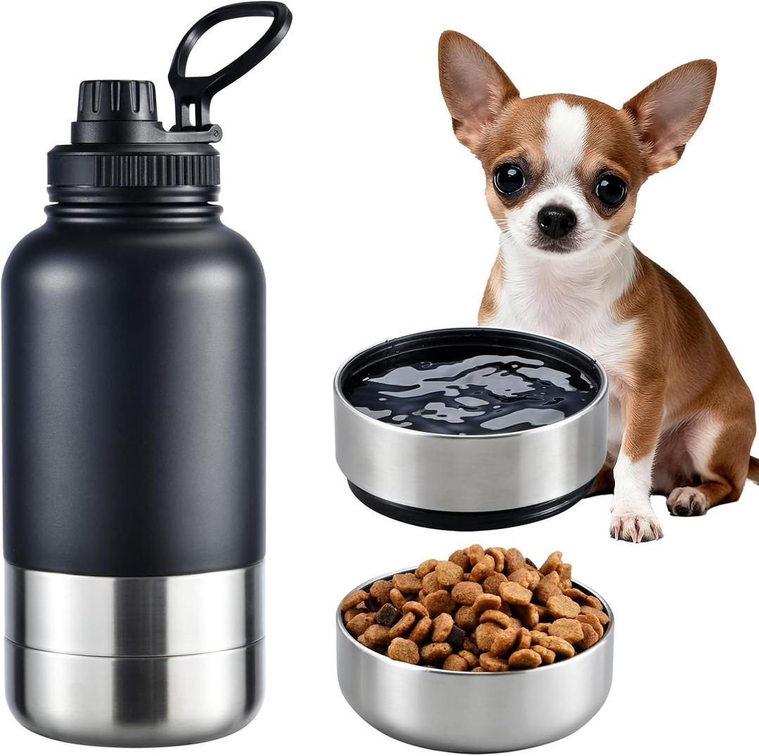 Insulated Dog Water Bottle with 2 Bowls, 32oz Travel Stainless Steel Double Wall Thermos, Portable Pet Dispenser, Gifts for Puppy Small Medium Dogs Walking Hiking and Camping (Matte Black)