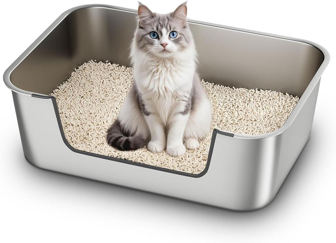 Qiuma Stainless Steel Cat Litter Box with Low Entry, Large Metal Kitty Litter Box for Senior or Injured Cats, Odor-Free, Non-Stick, Easy to Clean, 23.4"x15.6"x7.8", for Multiple Cats pack of 10