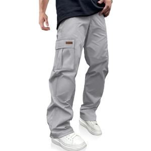 PLEPAN Men's Casual Cargo Pants Drawstring Hiking Workout Tactical Joggers Sweatpants for Men with Pockets (Gray, M)