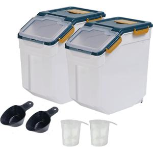 Large Flour Storage Container Bin 25lb, 2Pack Airtight Rice Storage Containers with Wheels Seal Locking Lid, BPA Free with Measuring Cup&Scoop for Flour, Rice, Grain(Blue)