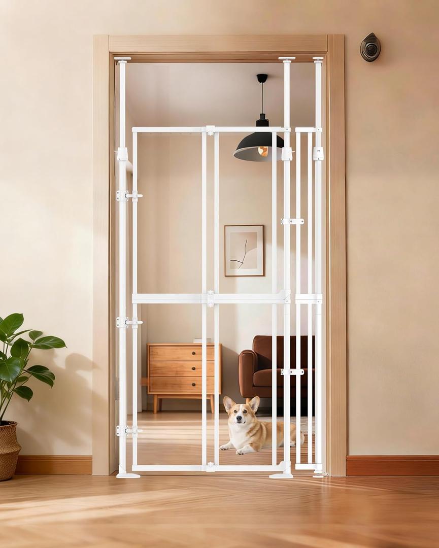 74.80-98.43" Extra Tall Cat Gate for Doorway, Wide Adjustable 20.8"-38" Clear Pet Safety Gate, Auto Close No Drilling Full Door Gate for Stairs, Studio, Kitchen- White